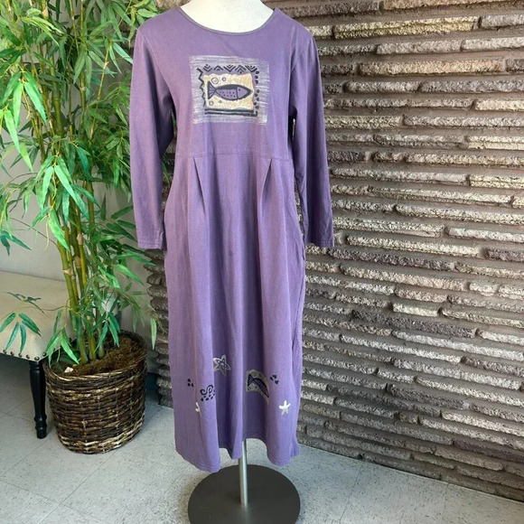 Viva City Purple Dusty Lavender Casual Fish Print 100% Cotton Maxi Dress Size M - Picture 9 of 10